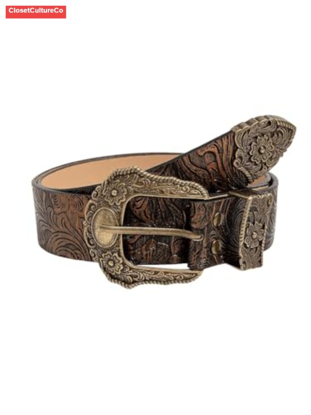 Faux Leather Western Belt Concho Rodeo Cowboy Belt with Engraved Alloy Buckle